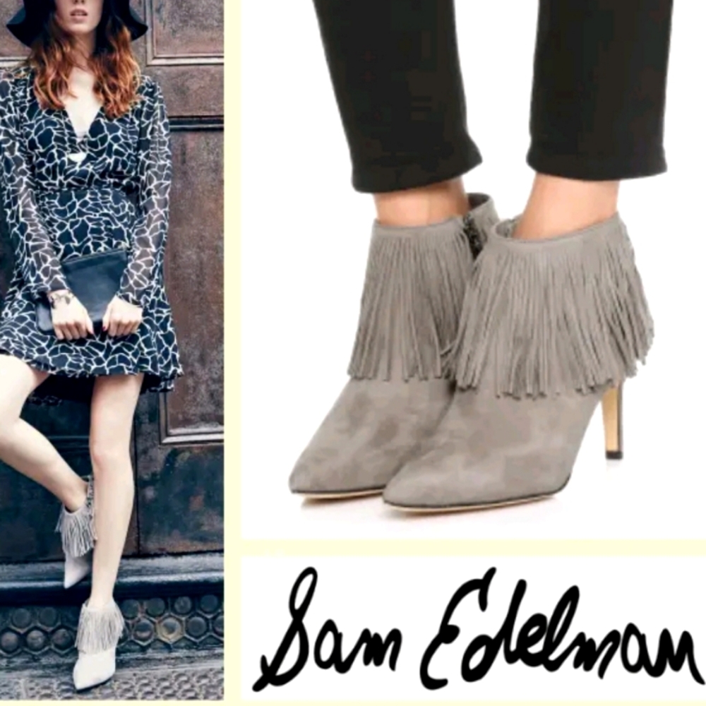 Sam Eldelman Kandice grey suede feinge ankle booties women's size 7